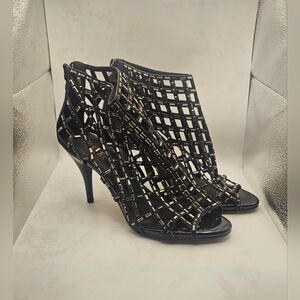 Yasura Black Caged Peep Toe Stiletto Heels Gold Stud Embellished Zip Back